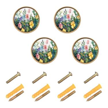 Imagem de Blueangle Pacote com 4 puxadores coloridos de armário de ervas e flores de 3,5 cm puxadores redondos de gaveta para cômoda e armários de cozinha (145)