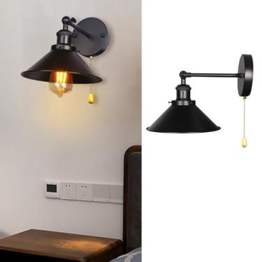 Imagem de GZZBMY E27 Arandelas de Parede Interior Vintage Industrial Arandela com Interruptor de Cordão de Puxar Iluminação de Parede de Metal para Sala de Estar Quarto Escada Corredor (sem Lâmpada) (Preto, 1