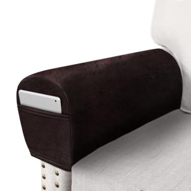 Imagem de ANARACHON Conjunto de 2 capas de braço de sofá de couro para sofá, poltrona, protetores de braço, capas elásticas com bolsos, tecido de elastano lavável (grande, chocolate)