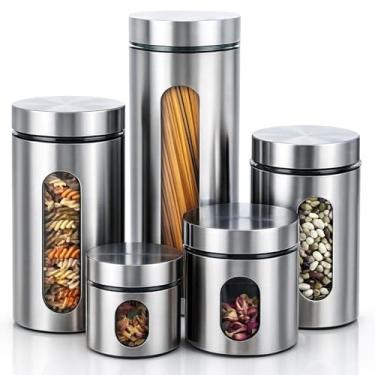 Imagem de Kit de Jogo Conjunto de 4 Potes Herméticos em Aço Inox com Visor de Vidro, Capacidades 1.8L/1.2L/950ml/600ml, Tampa Rosqueável, Porta Mantimentos e Organização da Cozinha