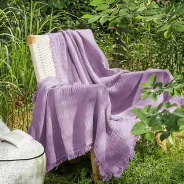 Imagem de MooMee Cobertor de musselina - Cobertor de gaze 100% algodão de 4 camadas com franja em toda a volta, ultramacio, respirável, leve, refrescante para sofá de cama (roxo claro, solteiro GG 167,6 cm x