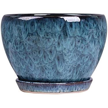 Imagem de uhyOHF Vaso de flor azul europeu, suculenta, interior, planta, cerâmica, extra grande, sala de estar, personalidade, bacia de plantas verdes com orifício de drenagem, vasos de bonsai esmaltados de