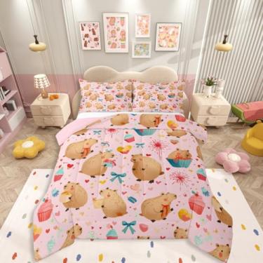 Imagem de Erosebridal Lindo conjunto de cama de capivara, solteiro, para crianças, meninas, fogos de artifício, laços, cupcakes, presentes, edredom com desenho de estrelas, coração, rosa, para quarto de