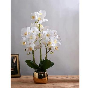 Imagem de LMJYU Flores artificiais Phalaenopsis flores artificiais 59,7 cm com vaso de cerâmica orquídea artificial em vaso floral falso moderno