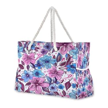 Imagem de Wassud Bolsa de praia colorida com flores de desenho animado grande, bolsa de praia para mulheres, impermeável, à prova de areia, bolsa de viagem com zíper e bolso para piscina, academia, acampamento