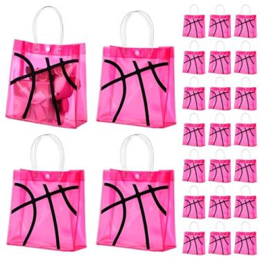 Imagem de Sweetude 24 peças de sacolas de presente de basquete com alças 20 x 20 x 8 cm PVC vermelho tema de basquete lembrancinha de festa transparente sacos de petisco a granel para festa esportiva