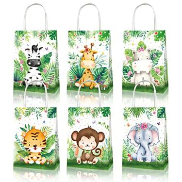 Imagem de 12 unidades de sacos de guloseimas com tema de animais selvagens, animais da selva, aquarela, tigre macaco, presente, bolsa de papel kraft, parque de vida selvagem, tema animal, decoração de festa