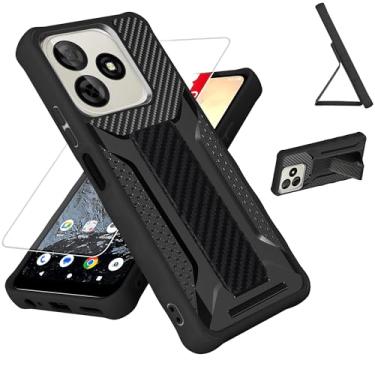 Imagem de bojioderf Capa para celular compatível com BLU G65L / Pinwheel Genesis 4 [com protetor de tela de vidro temperado][silicone de 2 mm + painel traseiro rígido de policarbonato][suporte de mão] preta