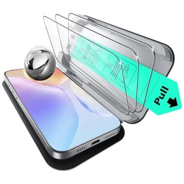 Imagem de 3 películas protetoras de tela para iPhone 16, dureza 9H, vidro temperado de cobertura total e bandeja super adequada