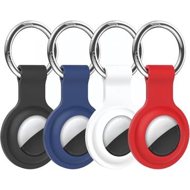 Imagem de 4 peças de capa com suporte para Air Tags, capa de silicone ultraleve para rastreador, durável, antiarranhões, com anel de chaveiro antiperda, acessório compatível com etiquetas Air Tracker, 4 cores