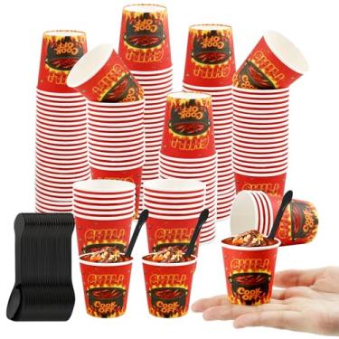 Imagem de 200 peças de decorações de festa Red Chili Cook off, 100 peças de papel descartável de 85 g Copos de amostra de alimentos e 100 peças de colher de plástico para decorações de chili Cook off