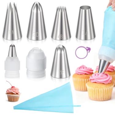 Imagem de Conjunto de pontas de confeitar grandes, pontas de cobertura de aço inoxidável reutilizáveis, ferramentas de decoração de bolos para massa de pastelaria faça você mesmo, biscoito de cupcake (8 peças)