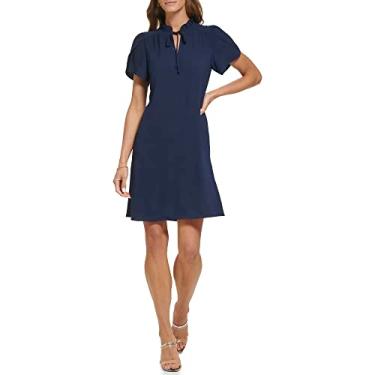 Imagem de DKNY Vestido trapézio feminino com laço frontal e babados, Marinho primavera, 50