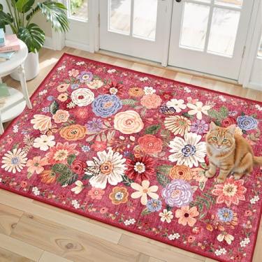 Imagem de Babovid Tapete floral para entrada, tapete de cozinha lavável 5,5 x 7,5 cm, ultrafino, macio, antiderrapante, resistente a manchas, boêmio, pequeno, de pelo baixo, para banheiro e quarto (2 x 3
