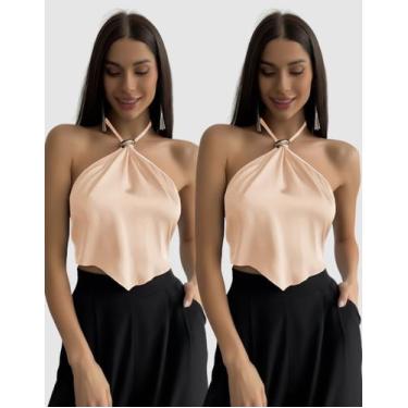 Imagem de Kit 2 Cropped Frente Única Feminino Decote Halter Alcinha Amarração Mo