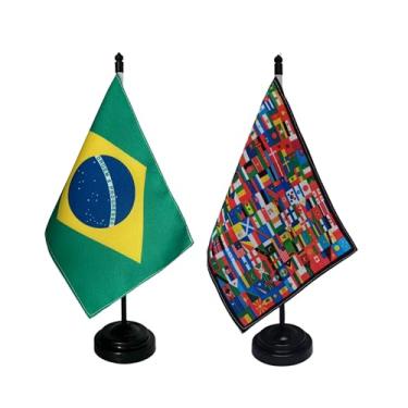 Imagem de Kit Bandeira de Mesa Dupla Face Brasil e Países do Mundo, Decorativa, 19x13cm, Base Plástica Preta, Altura 26cm, Tecido Oxford, Ideal para Escritório, Eventos e Festas