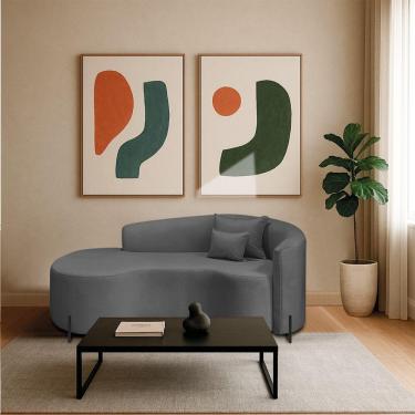 Imagem de Divã Recamier Curvo Sala De Estar Recepção Inglaterra 200cm Pés Metal Preto Lado Esquerdo Linho Cinza Escuro