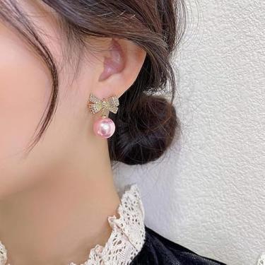 Imagem de Brincos de laço de pérola para mulheres, joia de noiva, presente de dia dos namorados, Medium, Latão, Sem pedra preciosa