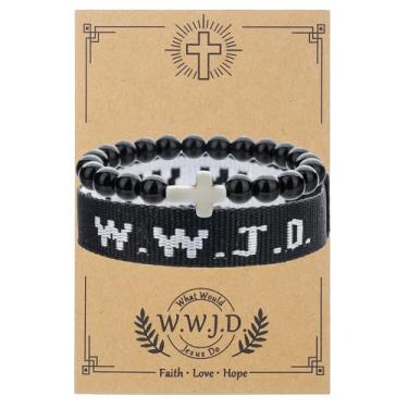 Imagem de MMIUAEG WWJD Conjunto de pulseiras de contas cruzadas What Would Jesus Do Pulseiras Feitas à Mão Boa Proteção Bênção Joias Cristãs Religiosas para Páscoa, Natal, Dia das Mães, Medium, Zinco, Sem Pedra