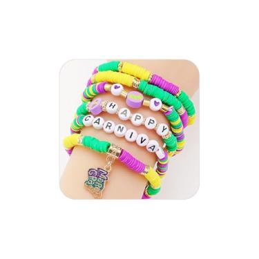 Imagem de Hremhoo Pulseira feminina elástica com contas de carnaval, várias camadas, máscara, chapéu, palhaço, letra, empilhável, conjunto de pulseiras para carnaval, acessórios de carnaval, lembrancinhas de