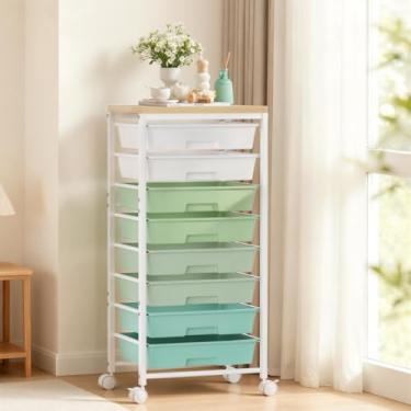 Imagem de Carrinho de rodinhas com 8 gavetas, carrinhos de armazenamento de gaveta de plástico com rodas e mesa de madeira, organizador de carrinho utilitário de metal para quarto, sala de estar, escritório
