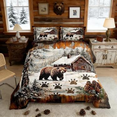 Imagem de Castle Fairy Conjunto de edredom de cabana tamanho king, 3 peças, pinheiros, animais selvagens, urso, selva, para crianças, adolescentes e adultos, com listras de madeira, casa de fazenda, rústico