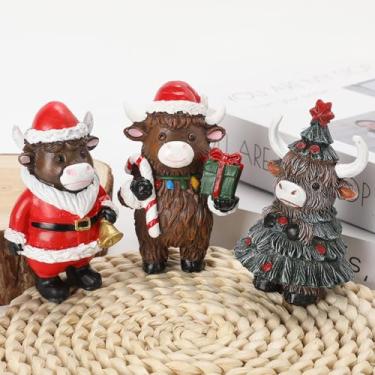Imagem de nezababy 3 peças estatuetas de vaca Highland de Natal decorações de estátua de bezerro escocês enfeites de gado de resina para casa de fazenda, prateleira de jardim, bandeja festiva em camadas (Natal)