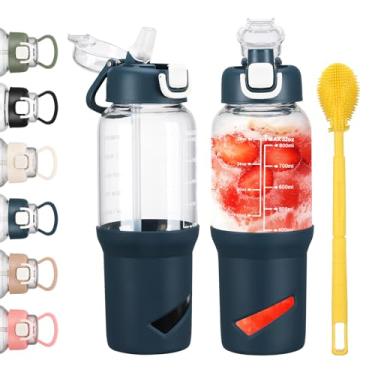 Imagem de SIEROZUR Garrafas de água de vidro de 946 ml com batedor de bola, coqueteleira para misturas de proteína, copo de vidro à prova de vazamento com 2 tampas e sem BPA, liquidificador para fitness, azul