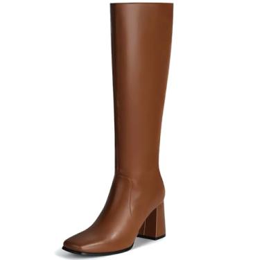 Imagem de Vipost Botas femininas de cano alto com bico quadrado de 8,5 cm, salto grosso, com zíper lateral, bota longa para outono e inverno 2025, Marrom claro, 7.5 Wide