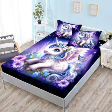 Imagem de HOSIMA Jogo de cama casal de unicórnio, estampa de unicórnio kawaii, estampa de borboletas, estampa de princesa, para decoração de quarto de crianças, meninas, 1 lençol com elástico + 2 fronhas.