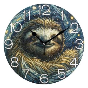 Imagem de GAIGEO Relógio de parede analógico decorativo operado por bateria silencioso relógio de cozinha rústico, decoração de parede moderna para sala de estar linda estrela preguiça marrom, 25 cm, ponteiros