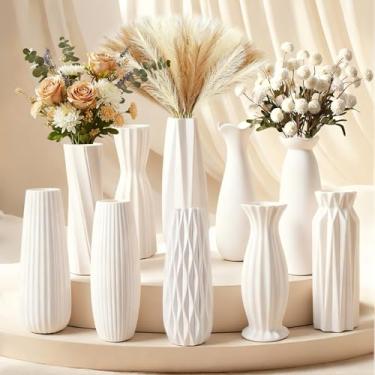 Imagem de Conjunto de 10 vasos de cerâmica branca, vaso grande de 20 cm KOPWVA para flores, prateleira de centro de mesa de casamento, grama dos pampas, decoração de sala de estar e mesa de hotel, minimalista
