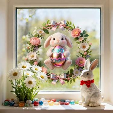 Imagem de Adesivos de janela de Páscoa com 2 folhas - Adesivos estáticos de dupla face para janela de ovo de coelho removível de vidro com desenho animado de coelho, primavera, feriados, decoração para casa
