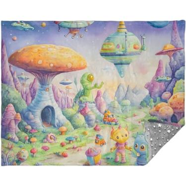 Imagem de TSENQUE Whimsical Scene Aliens Fantástico Cobertor de Natal Grande Cobertor de Sofá para Homens Mulheres 177,8 cm x 139,7 cm Cobertor Azul Confortável