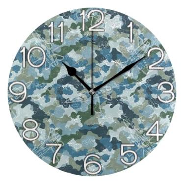 Imagem de GAIGEO Relógio de parede analógico decorativo funky alimentado por bateria relógio de cozinha rústico, decoração de parede moderna para sala de estar, desenho animado azul camuflado, 25 cm, ponteiros