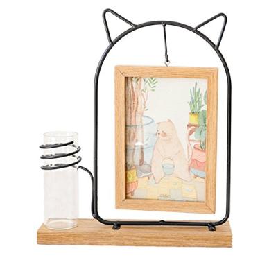 Imagem de Besttimes Porta-retrato rústico de madeira para pendurar de forma falha, 10 x 15 cm com vaso de vidro para decoração de casa (gato)