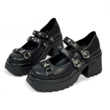Imagem de Kawii Sapatos com laço e salto de pérola Lolita salto plataforma feminino bonito sapato Mary Janes, Fivela preta, 33
