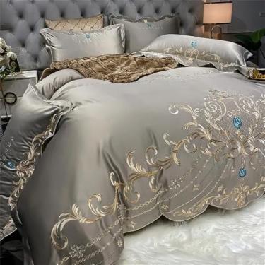 Imagem de Conjunto de cama Style com bordado em cetim, capa de edredom dupla, lençóis e fronhas em puro algodão, cinza, tamanho Queen (4 peças).