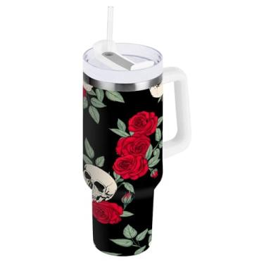 Imagem de Wassud Copo de caveira rosa com alça e tampa de canudo copo isolado garrafa de água de aço inoxidável à prova de vazamento caneca de viagem presentes para mulheres 1,134 g