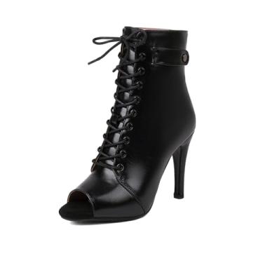 Imagem de HROYL DS-02 Botas femininas de dança de salão, salto peep toe com cadarço, cano baixo, dança de salão latina, DS-02, Salto de 9,5 cm, sola de borracha preta - 02, 36