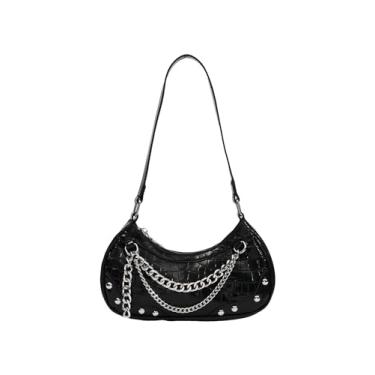 Imagem de QWINEE Bolsa de ombro feminina cravejada Y2k Bolsa clutch de couro vintage fivela bolsa axila, Preto liso, One Size, Macio