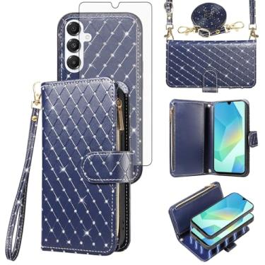 Imagem de Asuwish Capa carteira compatível com Samsung Galaxy A16 5G/4G com zíper e protetor de tela de vidro temperado alça transversal com glitter flip porta-cartões capa para celular A 16 16A SM-A166U