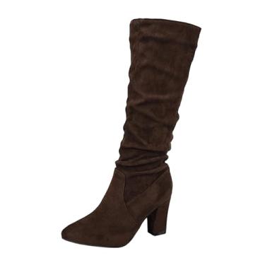 Imagem de Botas femininas casuais de inverno na altura do joelho com pernas longas e cor sólida bico redondo salto grosso e salto alto, adequado para uso interno e externo, Café, 39