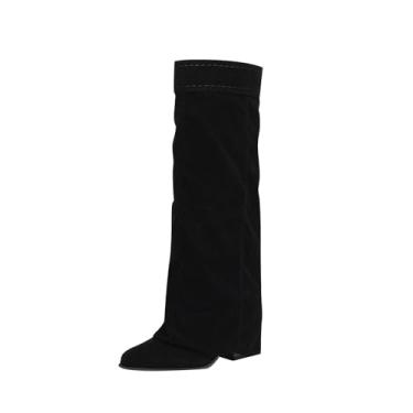 Imagem de Botas femininas modernas de cano alto material de camurça estilo ocidental outono inverno na moda salto grosso bico fino botas 7 cm salto, Preto, 38