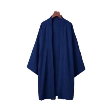 Imagem de Kimono Japonês Masculino Preto Longo De Cor Sólida Poncho Casual De Ve