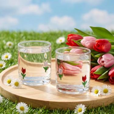 Imagem de SiliFine Pacote com 4 copos de vidro com ícones florais de 400 ml, copos de suco de tulipa duplos, antiquados, soprados à mão, sem haste, copo de café gelado, para decoração de festa de férias na