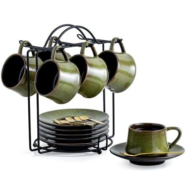 Imagem de YHOSSEUN Xícaras de café expresso de cerâmica conjunto de 6 xícaras expressas de 118 ml com suporte, pires e colheres, caneca de café pequena para café expresso duplo, mocha e chá, verde