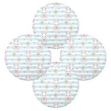 Imagem de Wassud Jogo americano conjunto de 4 tapetes redondos de desenho animado com listras de coelho para cozinha e jantar tapetes laváveis resistentes ao calor para decoração de mesa 39 cm