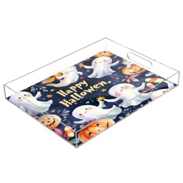 Imagem de xigua Bandeja de servir de acrílico fantasma de Halloween com alças à prova de derramamento, bandejas decorativas de festa de Halloween, bandeja organizadora de bancada para banheiro, cozinha, 30,5 x