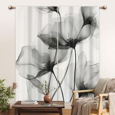 Imagem de Mitpok Cortinas florais cinza para quarto 106 cm L x 150 cm A bolso para varão tinta preta e branca flor aquarela primavera minimalismo casa de fazenda simples estética 2 painéis conjunto de